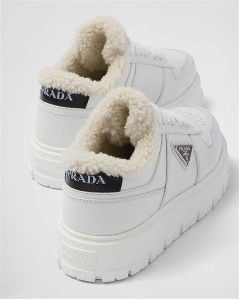 prada knit fabric high-top sneakers|Prada leather and shearling sneakers.